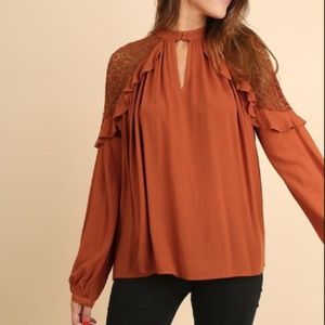 Rust Knit Shoulder Sweater with Ruffle